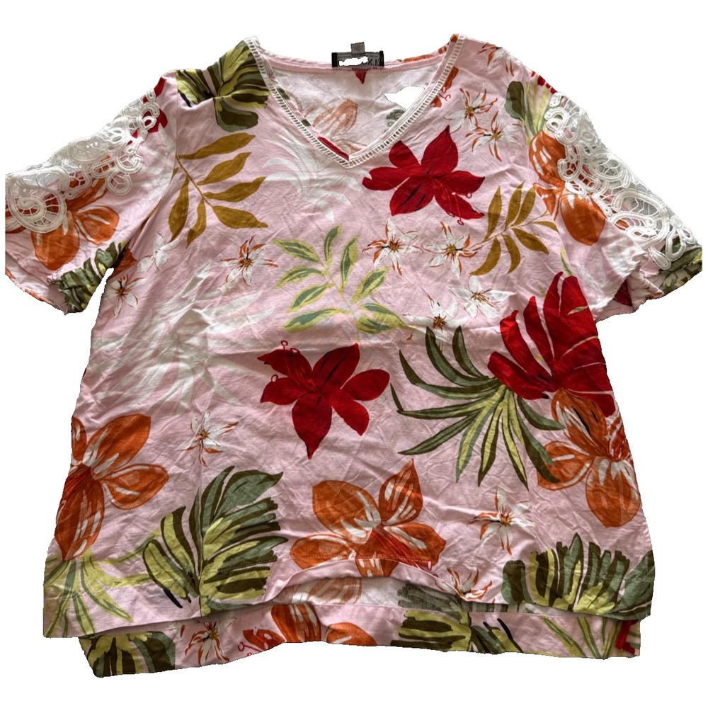 Lord & Taylor Tropical Floral Tunic Top Womens L Pink Linen Blend Boho Feminine